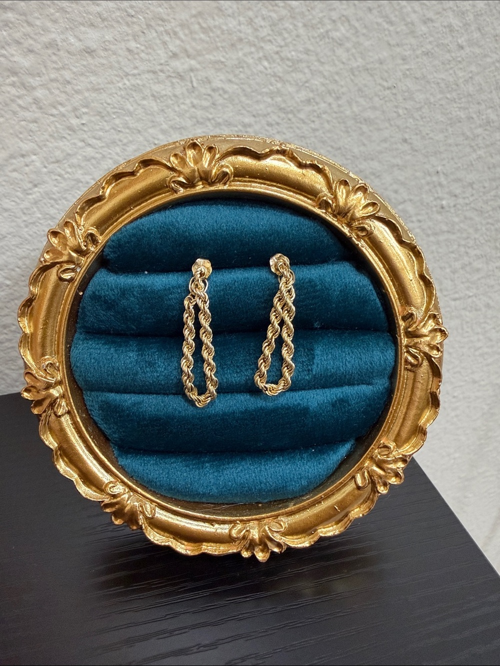 Vintage 14k Solid Yellow Gold Dainty Rope Chain Dangle Post Earrings Signed AV